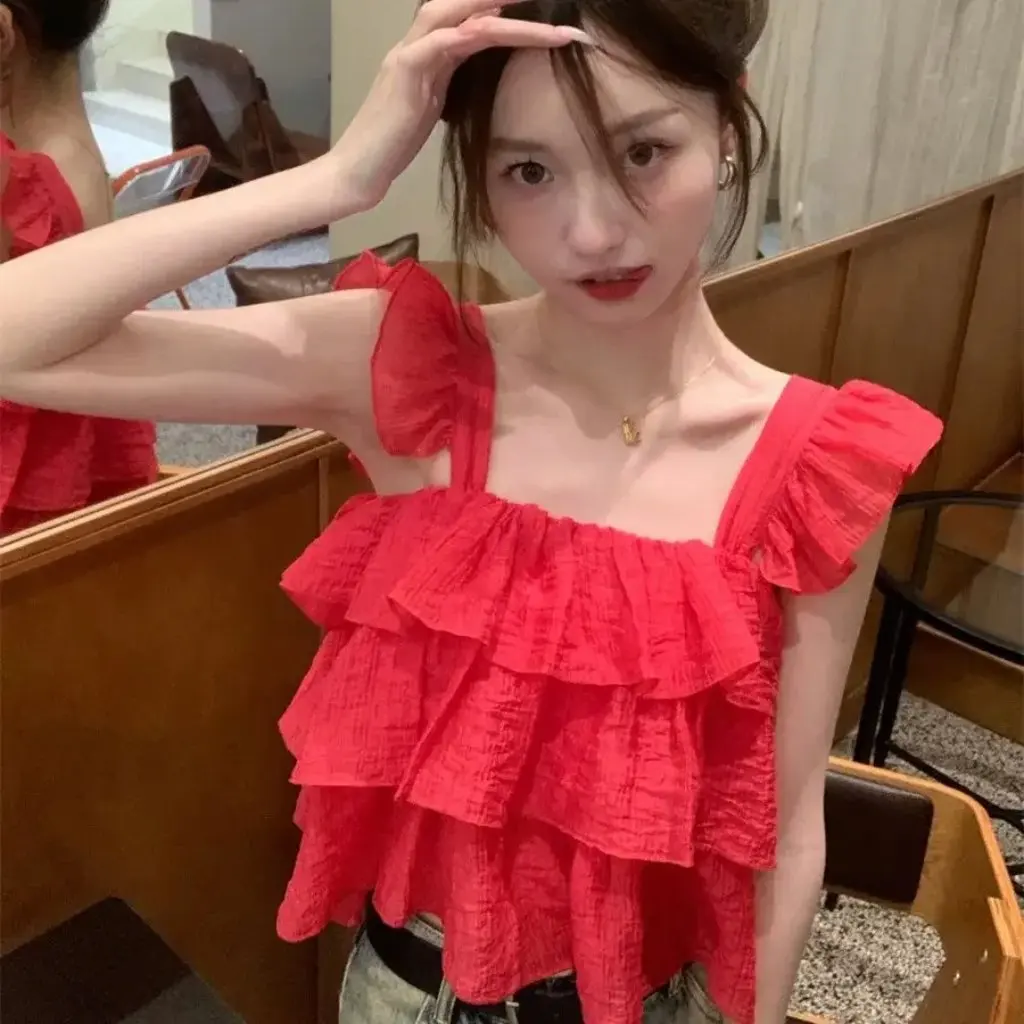 

French Style Women's Camisole Sleeveless Short Top Ruffled Design Sweet Spice Girl Summer Outer Wear