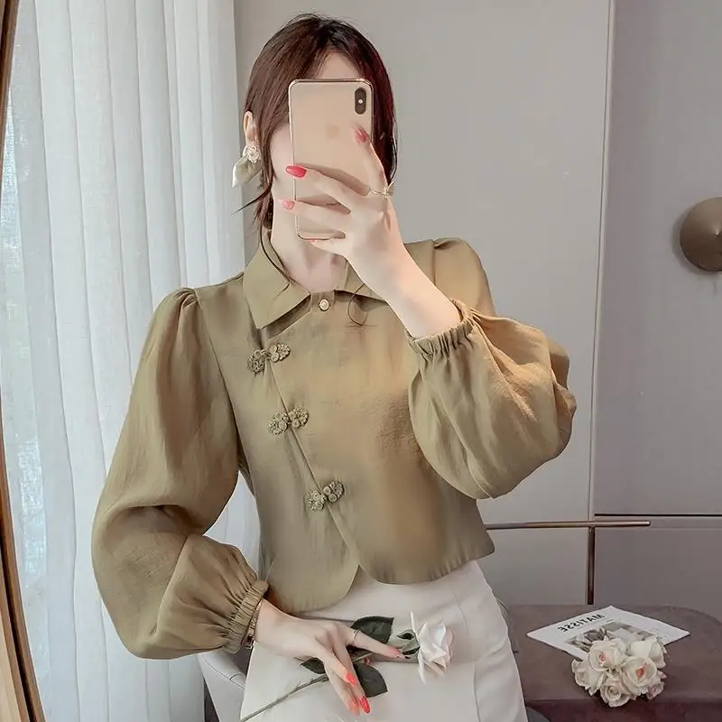 

2024 Autumn Vintage Chiffon Blouse for Women Chinese Style Frog Button Waist Fitted Short Top Puff Sleeve Elegant Retro Shirt