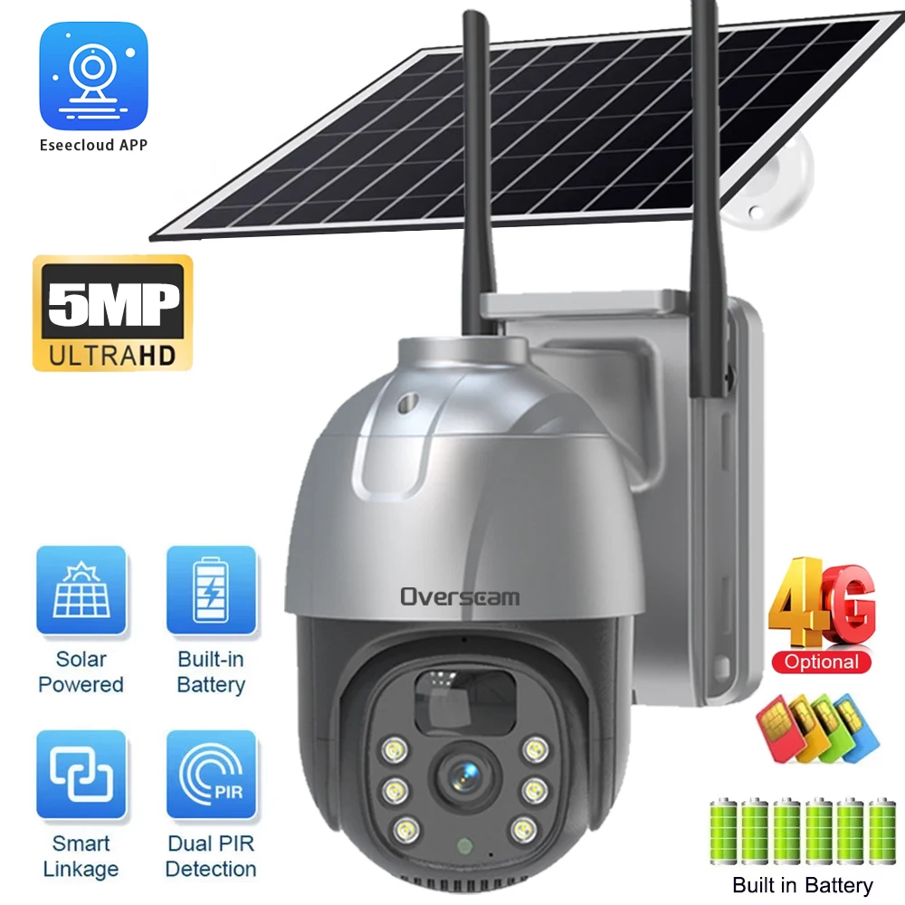 4G Card 5MP Solar Security Camera Outdoor Wireless Battery Powered Security Camera With 360°View Pan and Tilt Color Night Vision