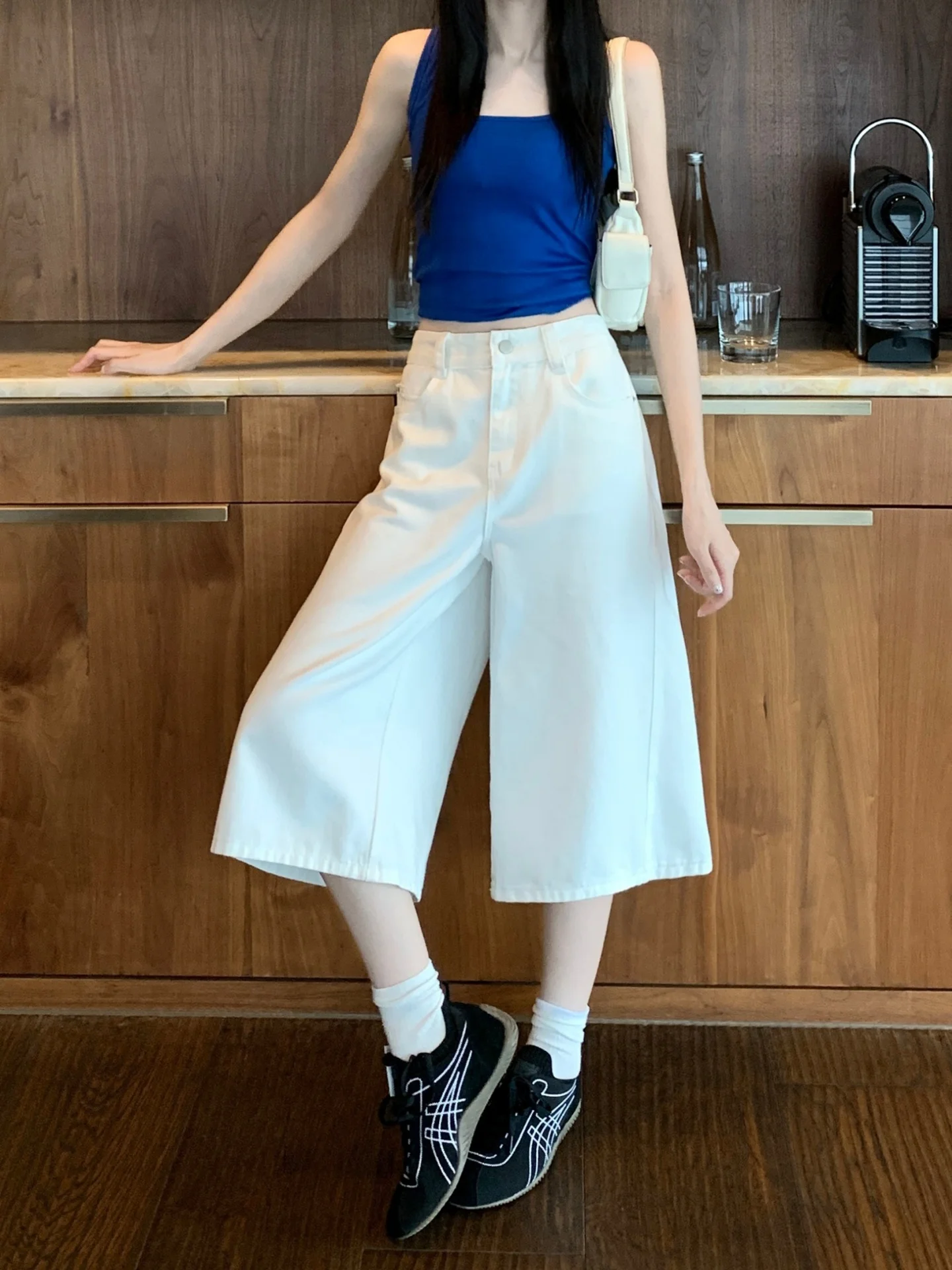 

American Retro High Waist White Seven-Foot Jeans Women's Summer Slim Straight Leg Jeans Casual Wear Soft Denim Fabric