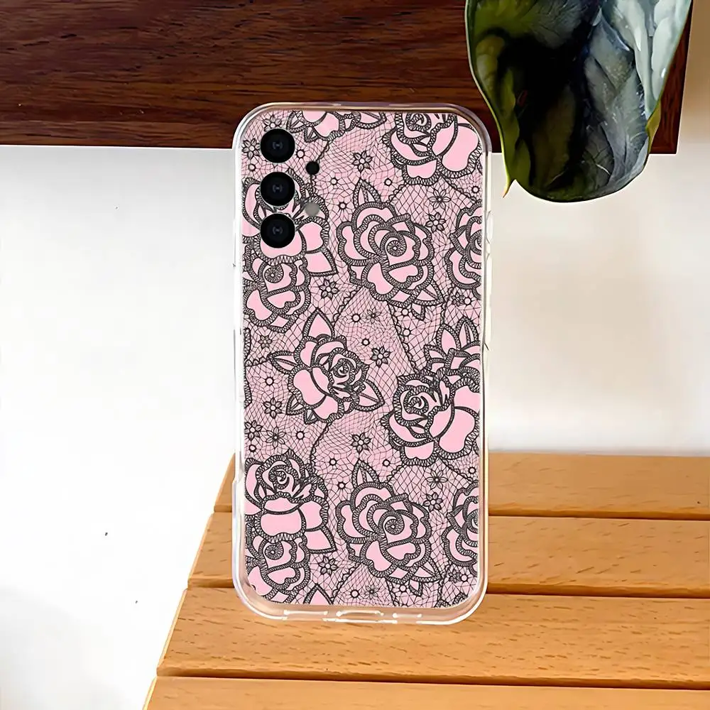 Coque de téléphone Vintage en dentelle rose, étui Ultra Transparent pour Samsung S30,S25,S24,S23,S21,S22,S20,S10,5G,FE,lite,PIus