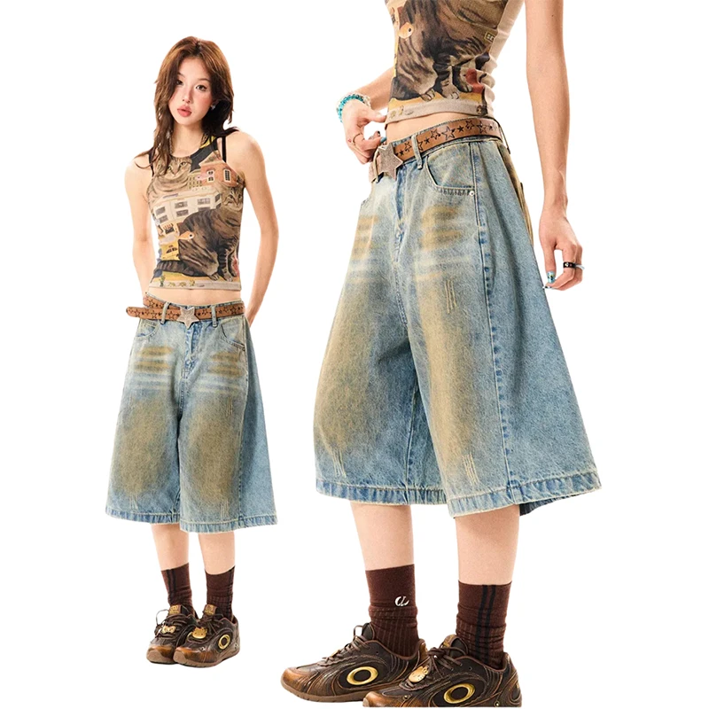 

Женские летние джинсы-брюки в стиле ретро, из потертого денима, синие, свободного кроя, прямые, широкие штанины