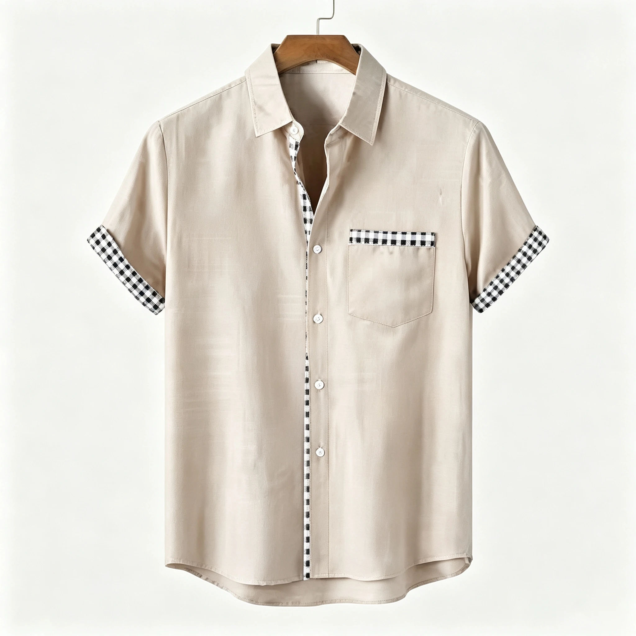 Simple color-blocked plaid solid color short-sleeved shirt, casual top for everyday outings.