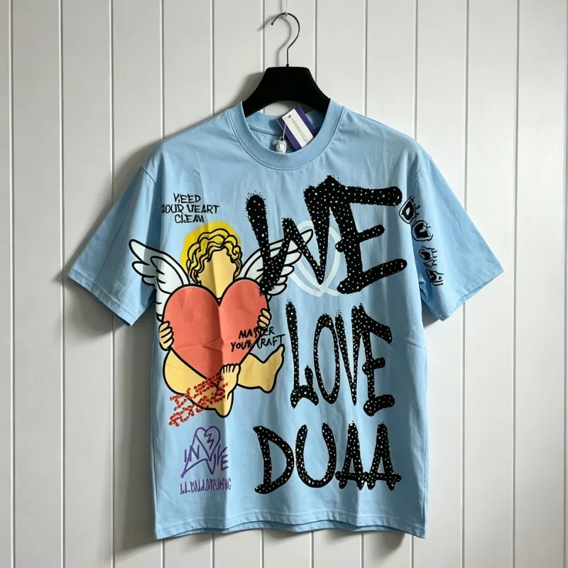Graffiti Angel Love Print Blue DUAA Tshirts Black Hotfix Rhinestone Letter Round Neck Short Sleeve Men Women Summer Streetwear