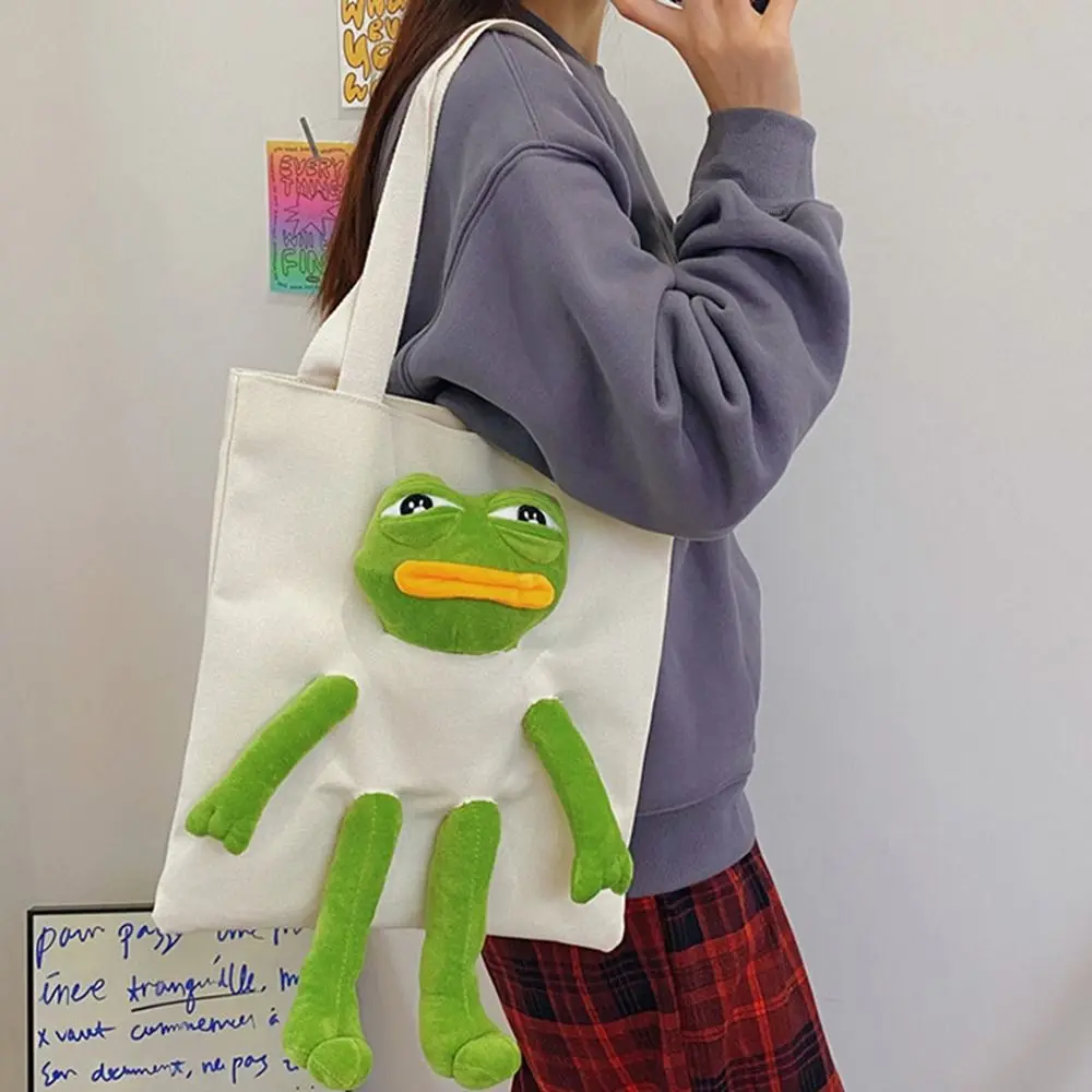 Canvas Shoulder Bags Fashion Anime Cartoon Shopping Bag Stuffed Sad Frog Cute Crossbody Bag Women