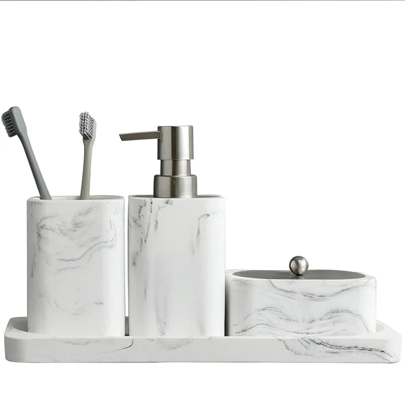 Bathroom Accessories Set Soap Dispenser Cotton Jar Mouthwash Cup Imitation marble TumblerToothbrush Holder and Tray Marble White