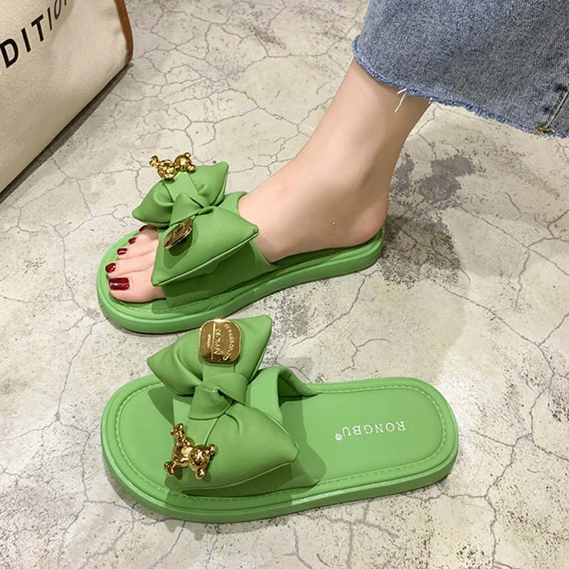 Med Shoes Woman\'s Slippers Butterfly-Knot Luxury Slides Rivet Platform 2023 Rubber Designer Soft Flat Summer PU Scandals Butterf