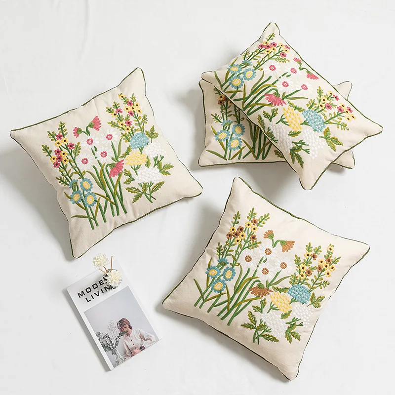 [Only Pillowcase] American Countryside Style Cotton and Linen Pillowcase Embroidered Pillowcase Cover Without Pillow Core