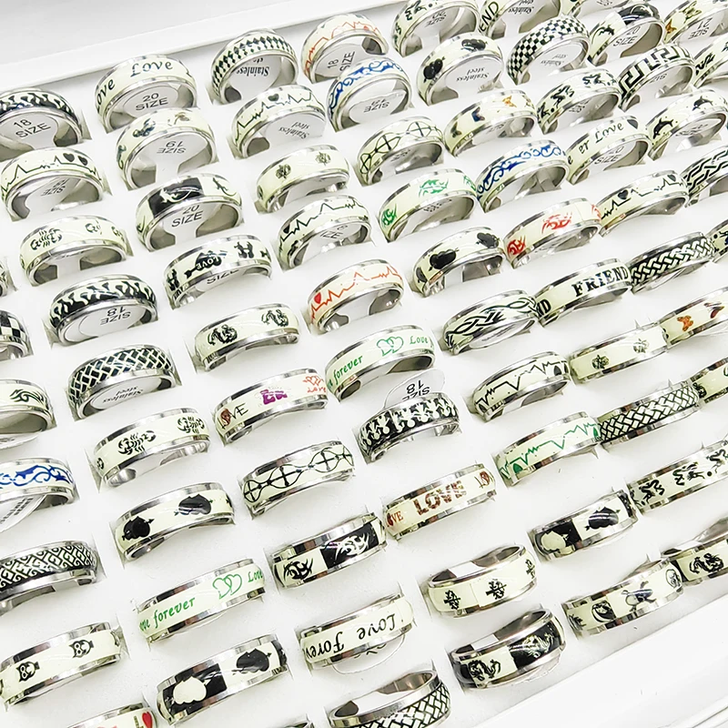 20pcs/50pcs/Lot Wholesale Mix Style Gothic Glow at Night Stainless Steel Finger Rings for Women Man Fashion Noctilucent Jewelry