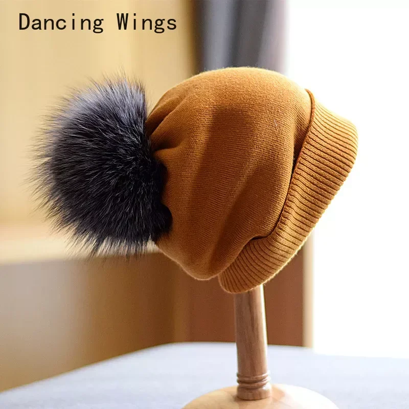 Thick Warm Skullies Cap for Women New Winter Rabbit Fur Knitted Beanies Hat with Detachable Real Fox Fur Pom Poms 2024 New