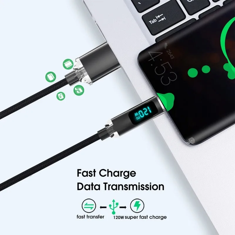 Sturdy Nylon Braided USB Type C Charger Cord 120W High-speed Charging Data Transfer Cables LED Digital Display USB C Wire
