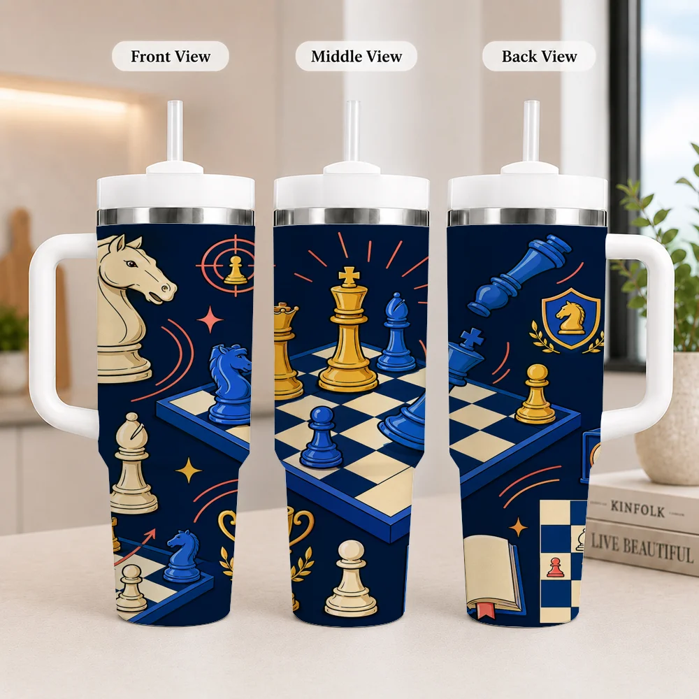 Chess Lover Gift for Men Vacuum Flasks 40oz Leakproof Steel Tumbler w/ Lid Straw Handle Hot Cold Drinks