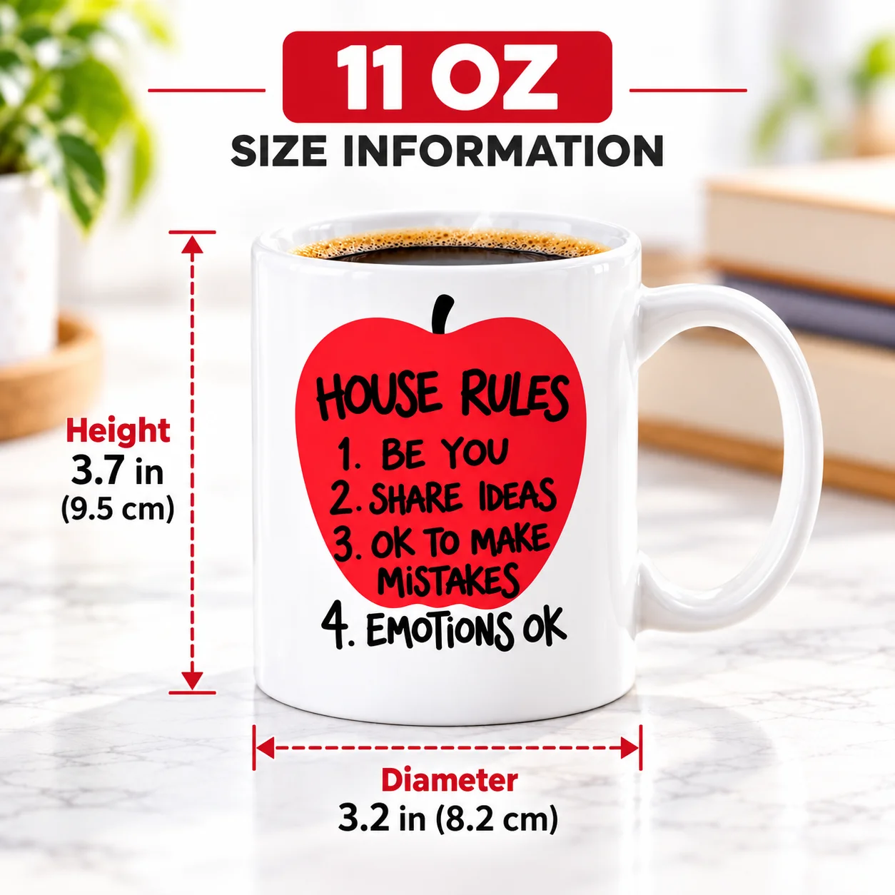 11oz Blank White Sublimation Mug, Heat Press Transfer Cup, Custom House Rules Apple Quote, Microwave Safe Teacher Gift