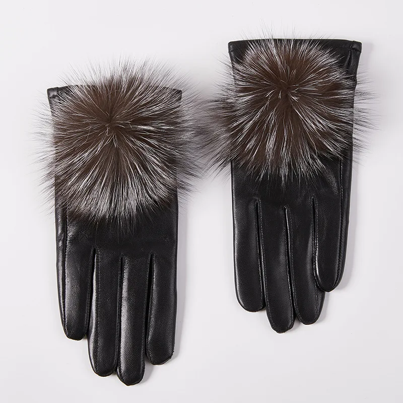 Female Touch Screen Leather Mittens for Women, Warm Driving Gloves, Anti Slip Fox Hair Ball Sheepskin Gloves, Autumn and Winter