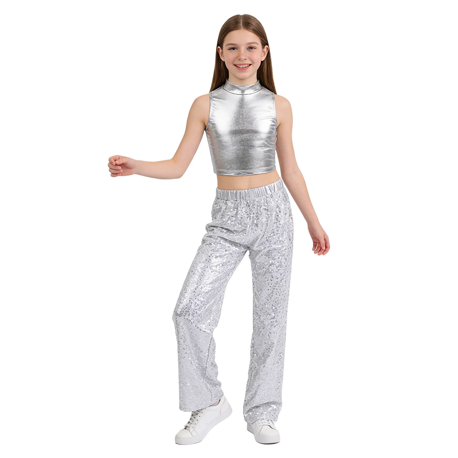 Kids Girls Rhythmic Jazz Dance Wear Outfit Metallic Sleeveless Crop Top with Sequin Pants Modern Dance Stage Performance Costume