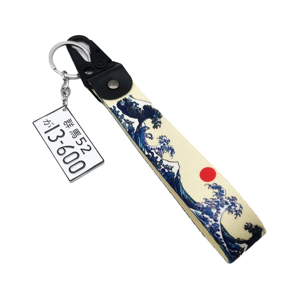 JDM Racing Culture Keychain With Japanese License Plate Car Motorcycle Car Great Wave of Kanagwa Key Strap Auto Key