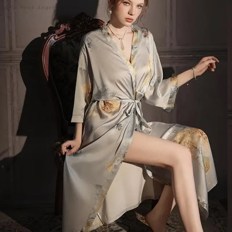 

Female Long Robe Kimono Bathrobe Gown Printed Flower Nightgown Sexy Silky Satin Sleepwear Intimate Lingerie Loose Home Dressing