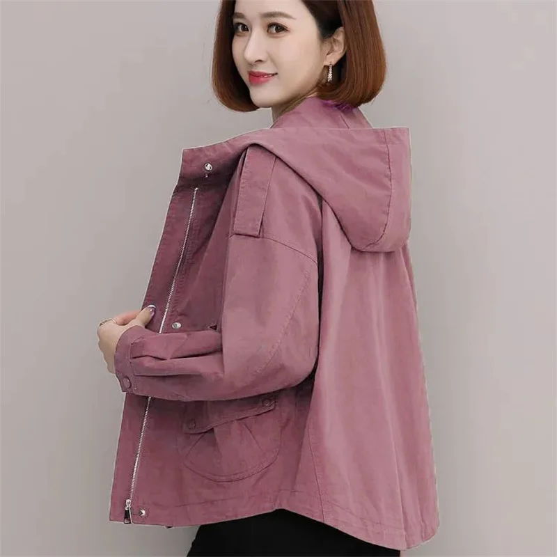 4XL Windbreaker Women Spring And Autumn 2023 New Hooded Korean version of Loose Short Hooded Coat Silm Casual Pocket Coat Female