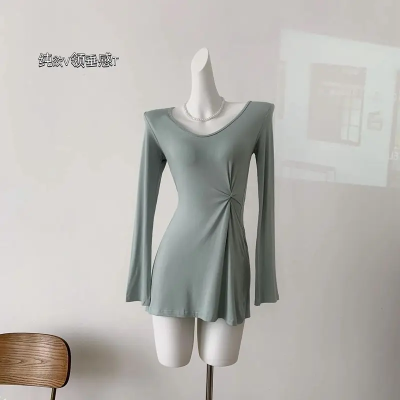 

Fashionable Temperament V-neck Long-sleeved T-shirt Women Autumn Simple Design Slim Trendy Bottoming Twist Top