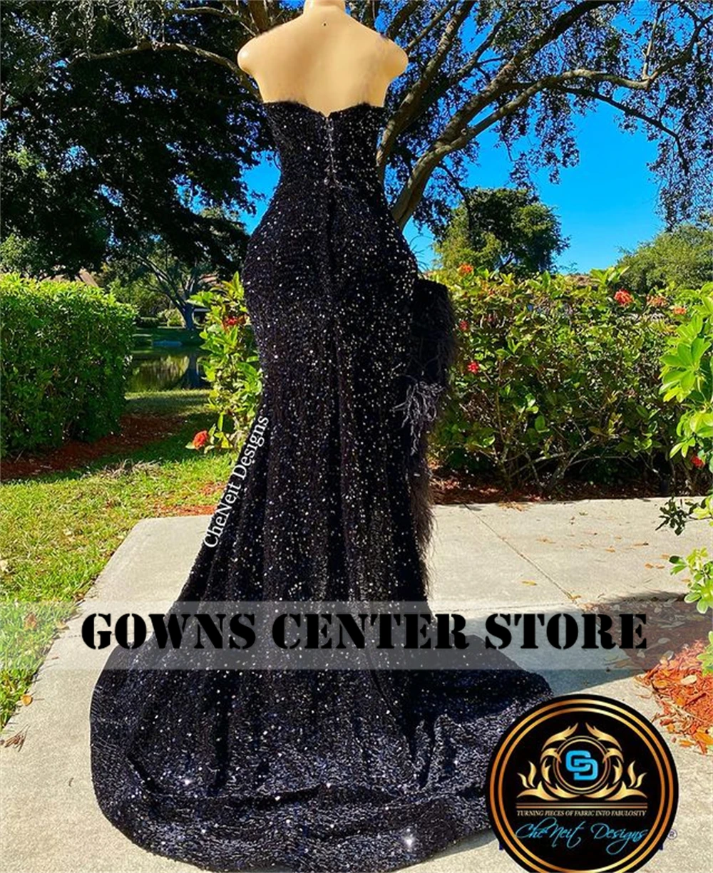Luxe plumes noires paillettes limon sirène robes de bal Halloween robe élégante pour la fête de mariage perlée robes de soirée personnalisé