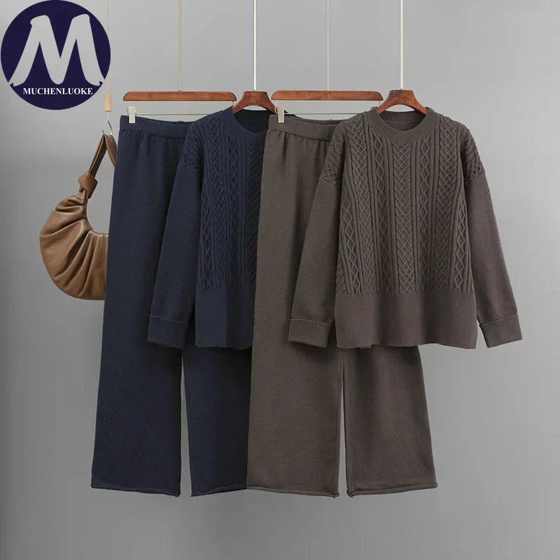 Women's 2-Piece Set Long Sleeve O-Neck Knitted Sweater And Loose Pants Autumn Winter Fashionable Casual Warm Outfit