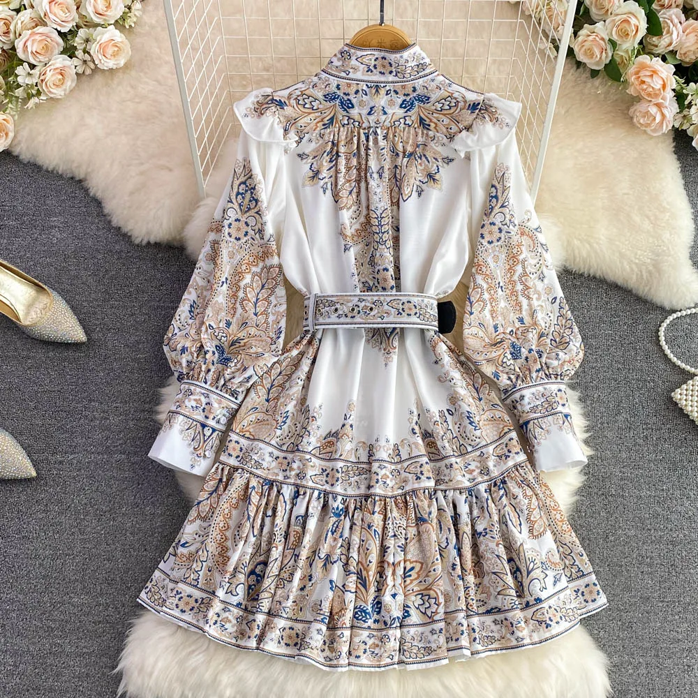 Autumn Vintage Palace Style Standing Neck Lantern Sleeve Ruffle Edge Single Breasted Waist A Line Dress