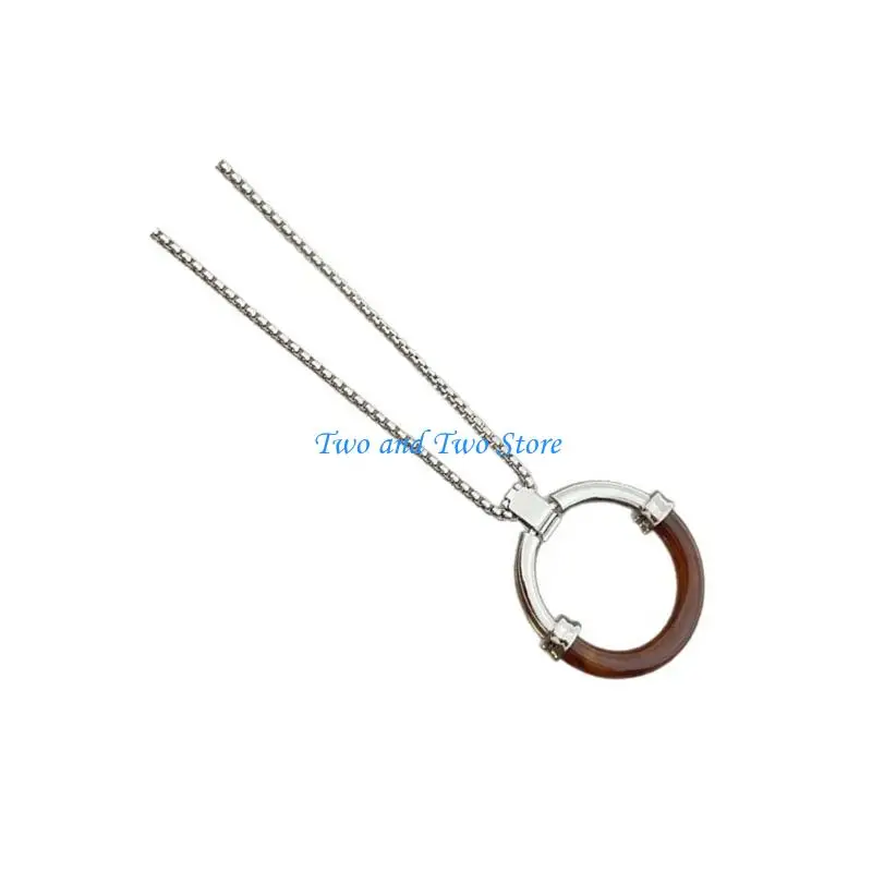 

HX6F Korean Fashion Amber Circle Pendant Long Chain Necklace Women's Jewelry Accessory