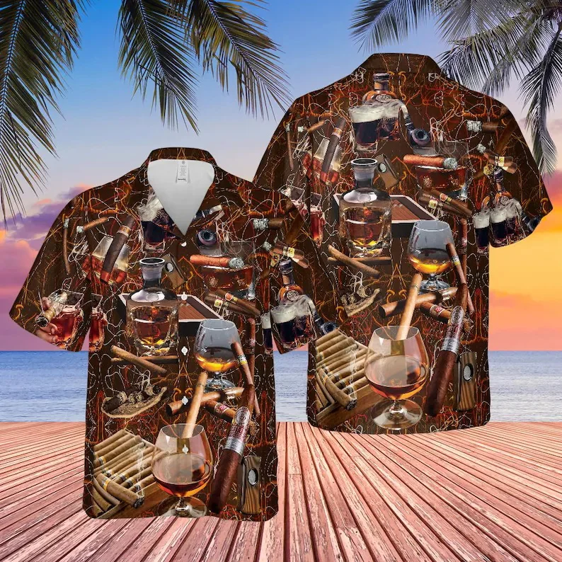 

Men's Cigar & Whiskey Print Hawaiian Shirt Retro Watercolor Style Short Sleeve Button Down Surfing Shirts Casual Party Wear