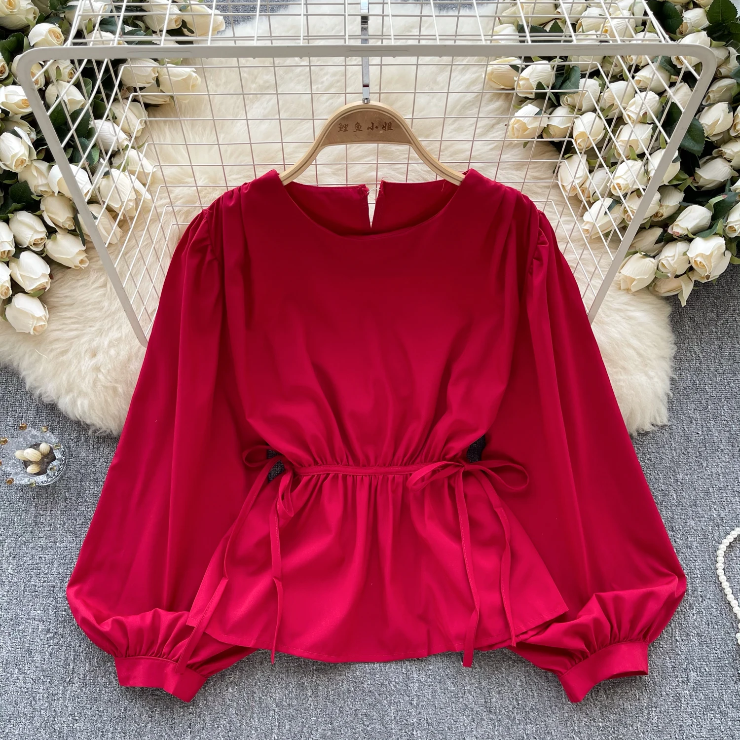 

Vintage Long Sleeve Elegant O-neck Hollow Out Chic Bandage Loose Top French Streetwear Basics Spring Autumn High Street Blouse