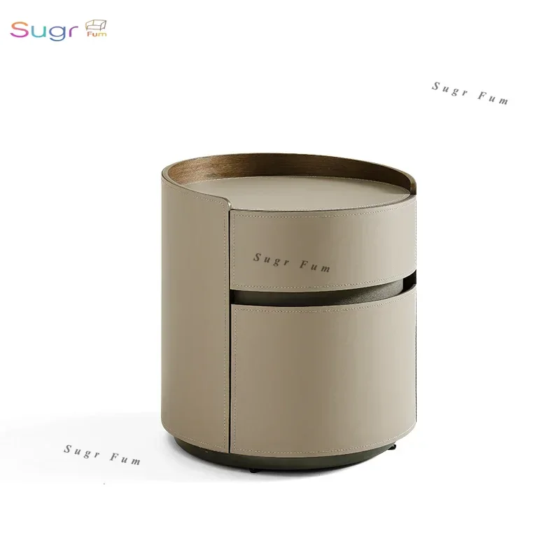 

Italian minimalist saddle leather round bedside table master design large and small apartment bedroom solid wood bedside cabinet