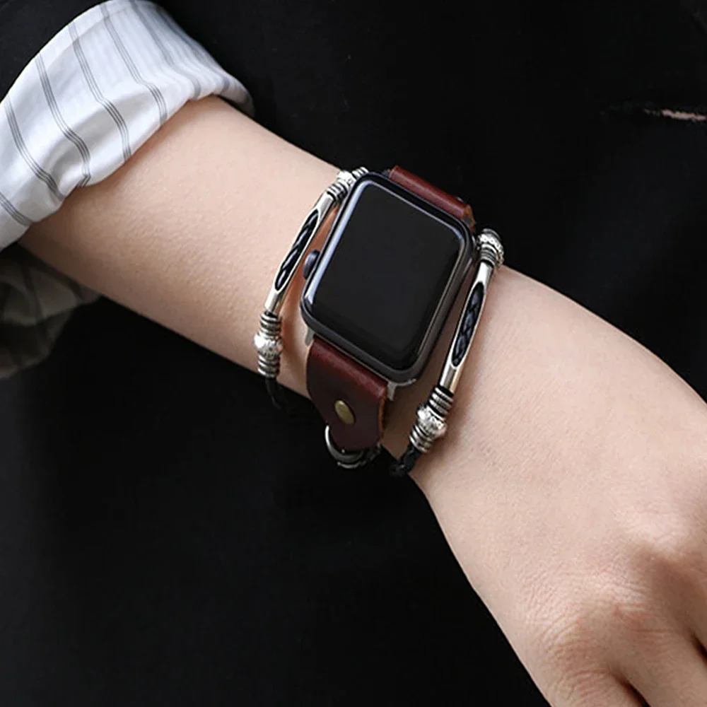 Apple Watch 밴드 용 가죽 스트랩 44mm 46mm 40mm 42mm 레트로 수제 소 가죽 correa iWatch 시리즈 10 9 8 7 6 5 4 3 Se 41/45mm
