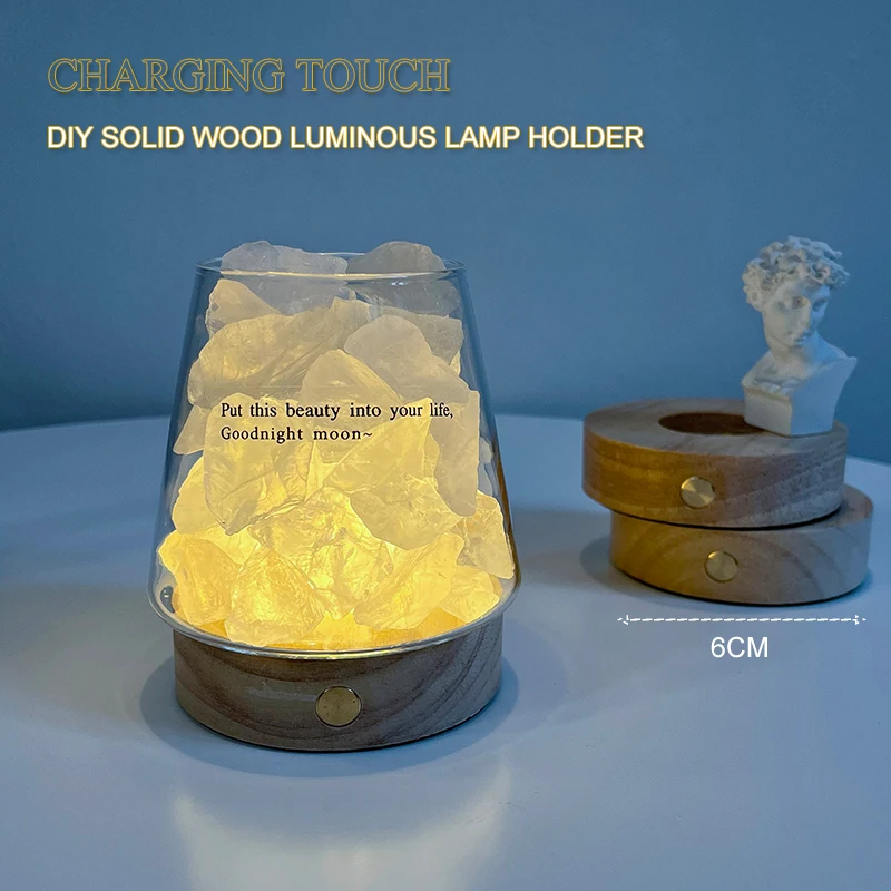 

6CM Creative DIY Wooden Luminous Lamp Holder Touch Switch Rechargeable LED Light Dispaly Base Crystal Glass Resin Art Ornament