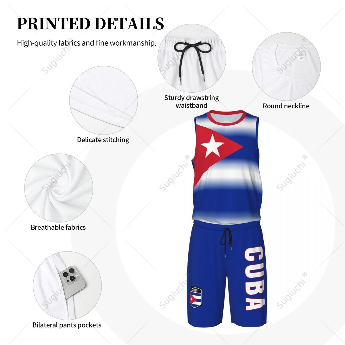 Conjunto de Jersey de baloncesto con bandera de Cuba para hombre, camisa y pantalones de malla sin mangas, exclusivo, con nombre personalizado, Nunber Unisex