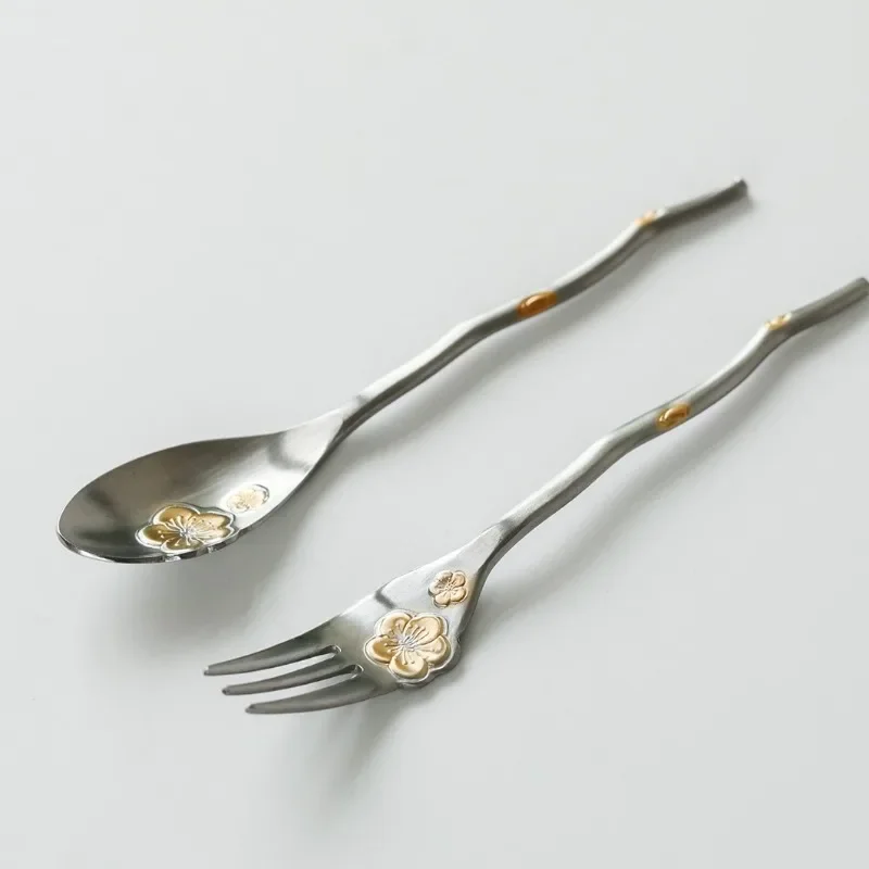 Elegant Japanese Style Sakura Coffee Spoon Stainless Steel Stirring Spoon Dessert Fork for Tea Cake Kitchen Tableware Gift