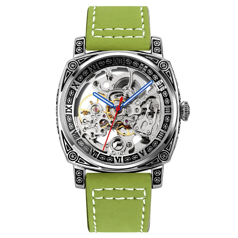 Men's Square Carved Watch Waterproof Belt Double Hollowing Automatic Mechanical Watch for Man Fashion High-end Male Wristwatch