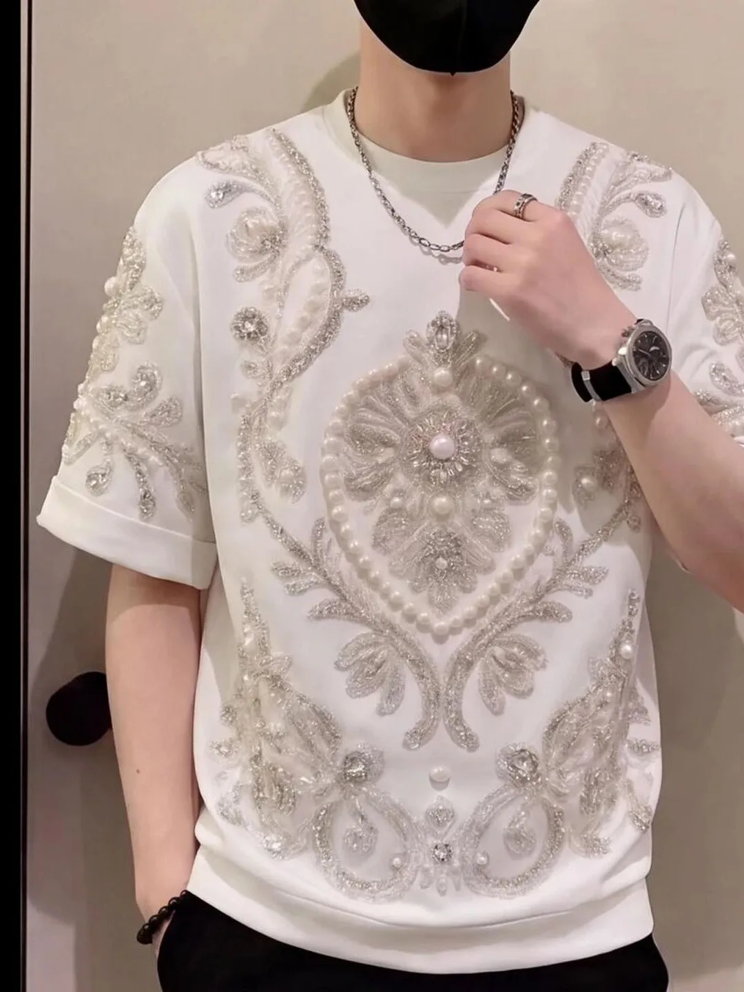 Summer plus Size T-Shirt Heavy Printing Short Sleeve Women's White Beaded Luxury Sensation Top Korean Style Creative Pattern