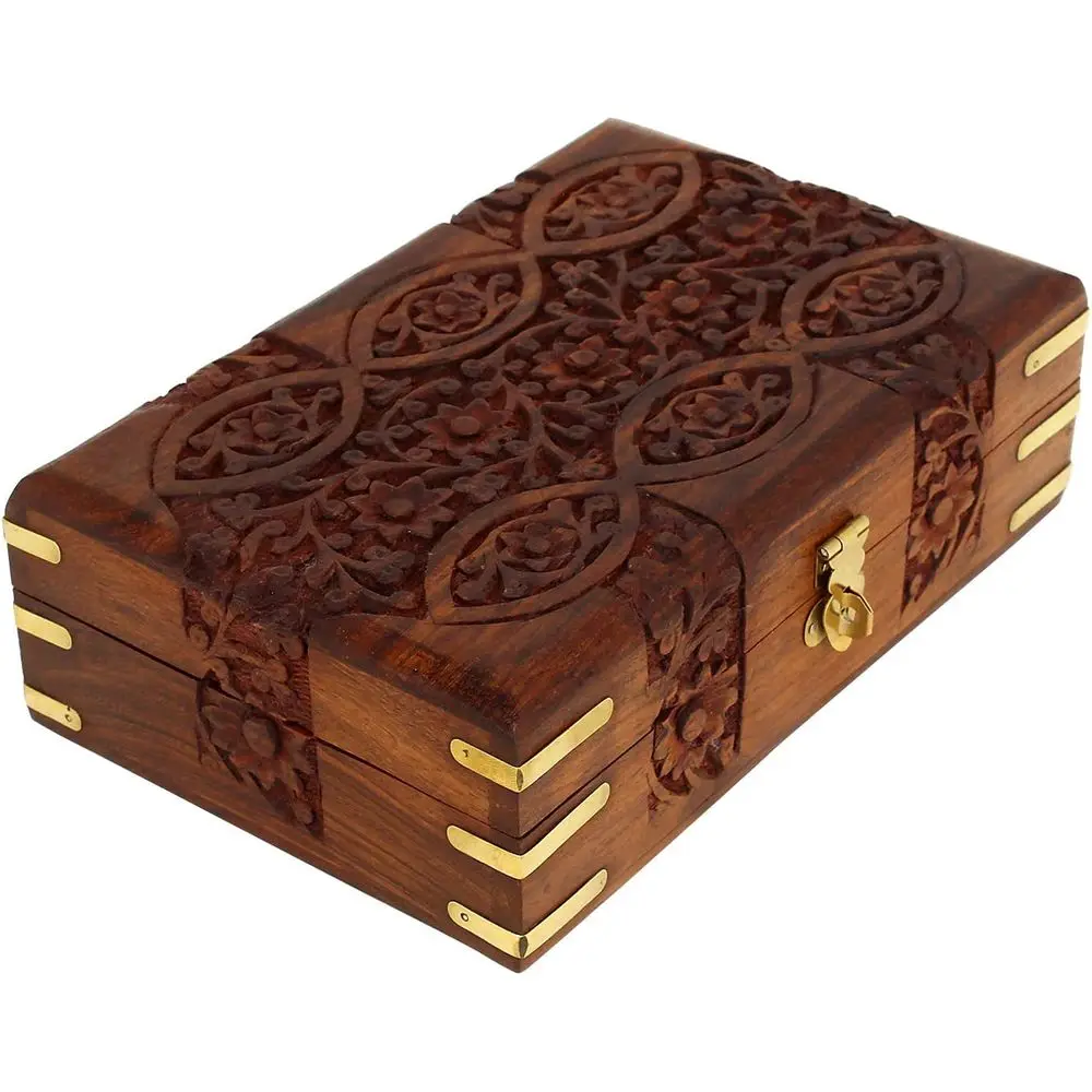 

Exquisite Floral Carved Wooden Treasure Chest - 8x5 Inch Multipurpose Memory Box for Jewelry & Keepsakes