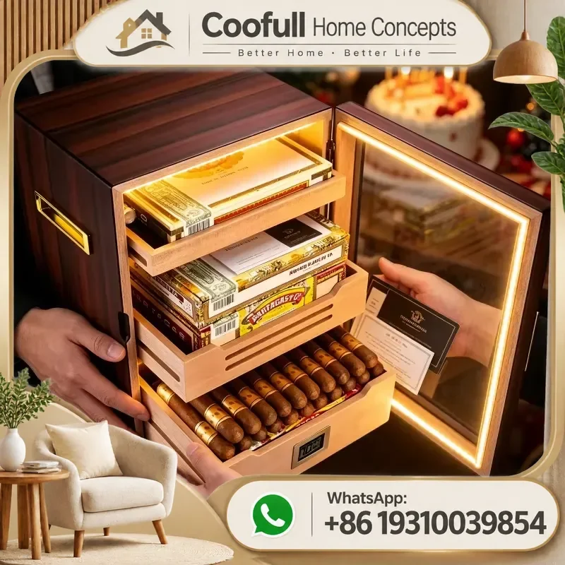 Wooden Cigar Humidor Cabinet 150 Count Electric Humidifier 3 Layer Drawer Storage LED Light Luxury Gift Box For Home Bar