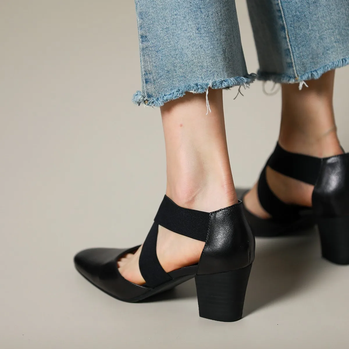 Tacón grueso 6,5 CM punta redonda estilo francés zapatos de verano de piel de vaca zapatos de tacón para mujer sandalias de mujer atadas cruzadas zapatos de tacón Retro para primavera y otoño