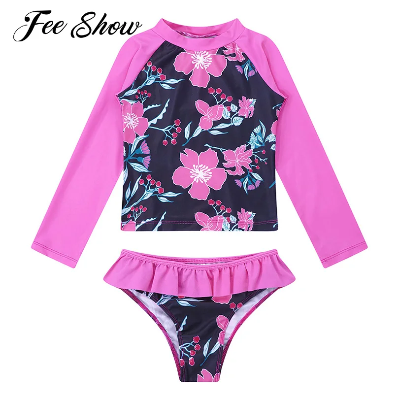 Kids Girls Tankini Sets Long Sleeves Rashguard Swimsuit Swimwear Bathing Suit Swimming Set Fish Scales Printed Tops with Bottoms