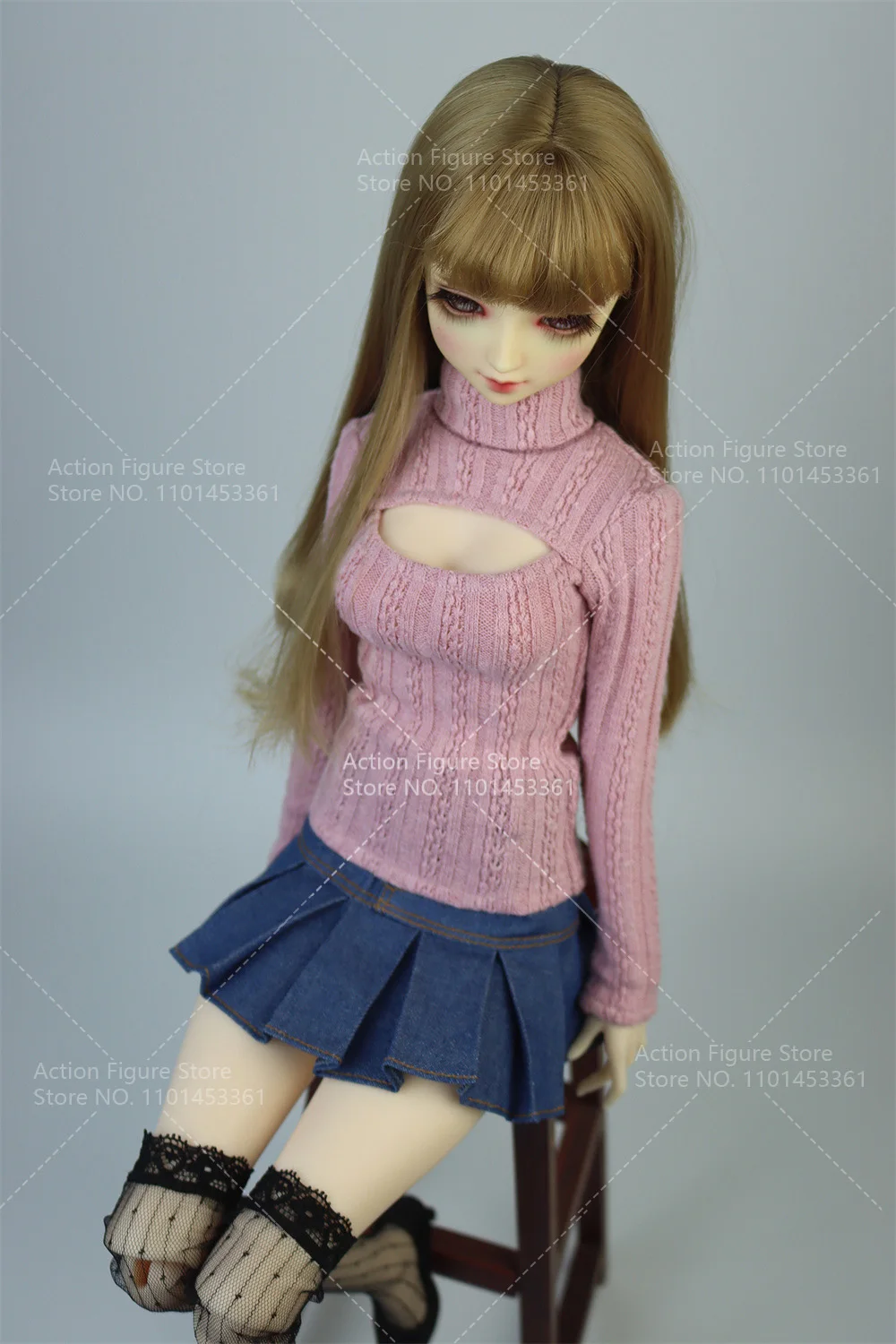 [High Quality] 1/3 1/4 Women Sexy Long Sleeve Turtleneck Hollow Bust Knitted Sweater Pleated Mini Skirt for BJD SD Action Figure