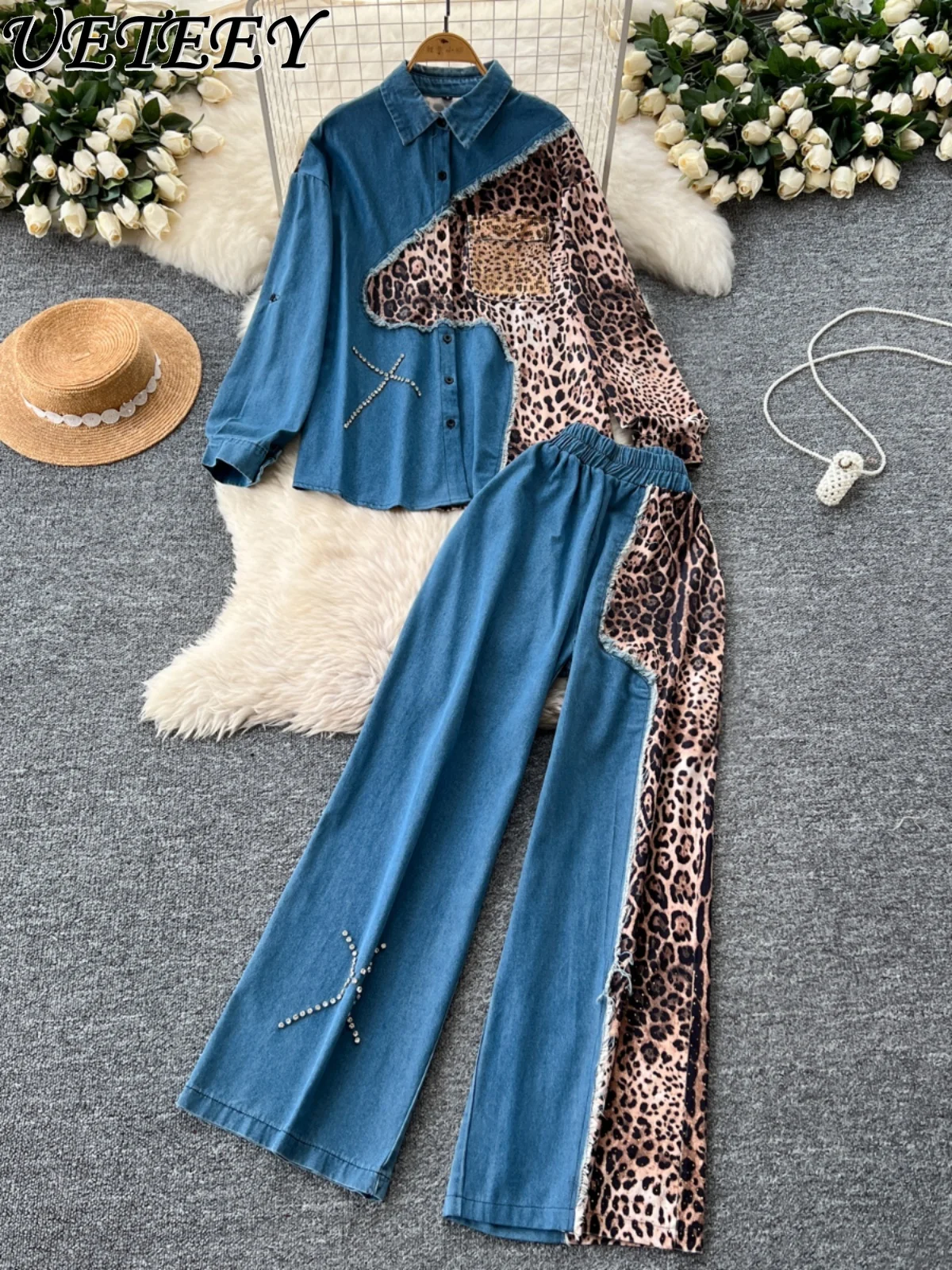 

Шикарная мода в стиле ретро, тяжелая прикрашенная бриллиантами и леопардовым принтом, лоскутная джинсовая рубашка с длинными рукавами, топ, женский комплект с длинными брюками с высокой талией