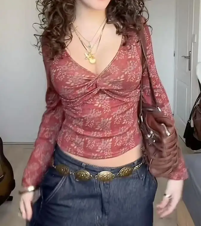 المرأة أزياء بلوزة عارضة فضفاضة طويلة الأكمام بلوزة عارضة سليم صالح الأزهار طباعة الخامس الرقبة قمم الخريف الربيع ملابس الشارع الشهير