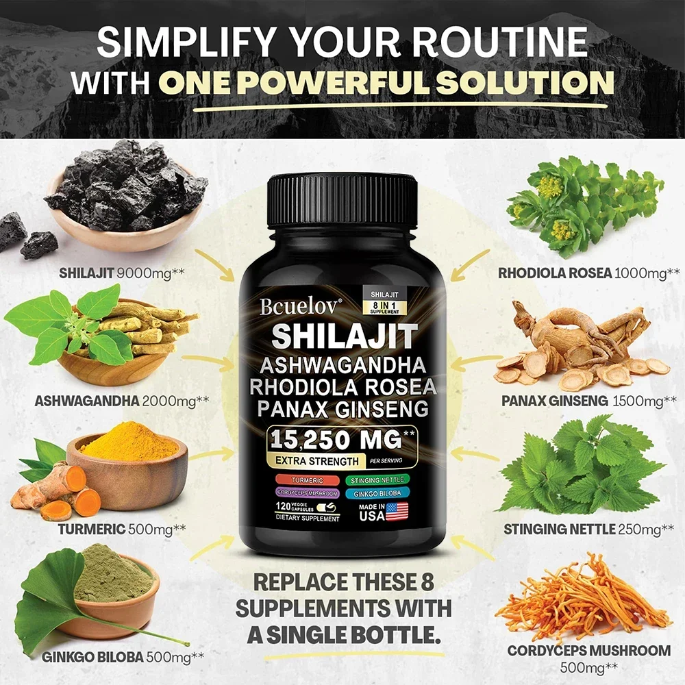 High Purity Shilajit Mineral Supplement - with Ashwagandha, Ginseng, Rhodiola, Replenish Energy, Strength, Immune Health