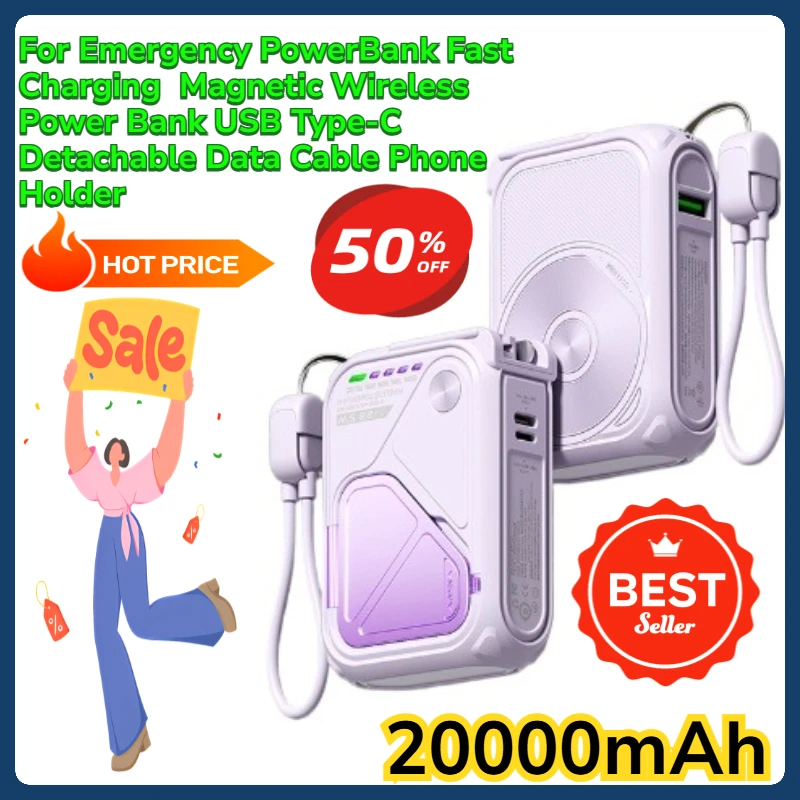 

For Emergency PowerBank Fast Charging 20000mAh Magnetic Wireless Power Bank USB Type-C Detachable Data Cable Phone Holder