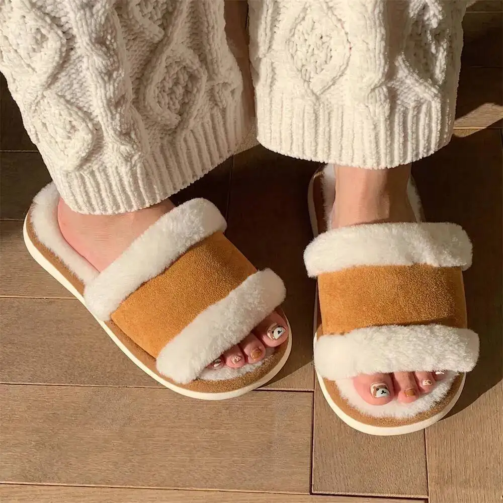 

Household Retro Color Block Furry Slide Slippers For Women Winter Autumn Warm Anti Slip Stylish Indoor Home Cotton Slippers