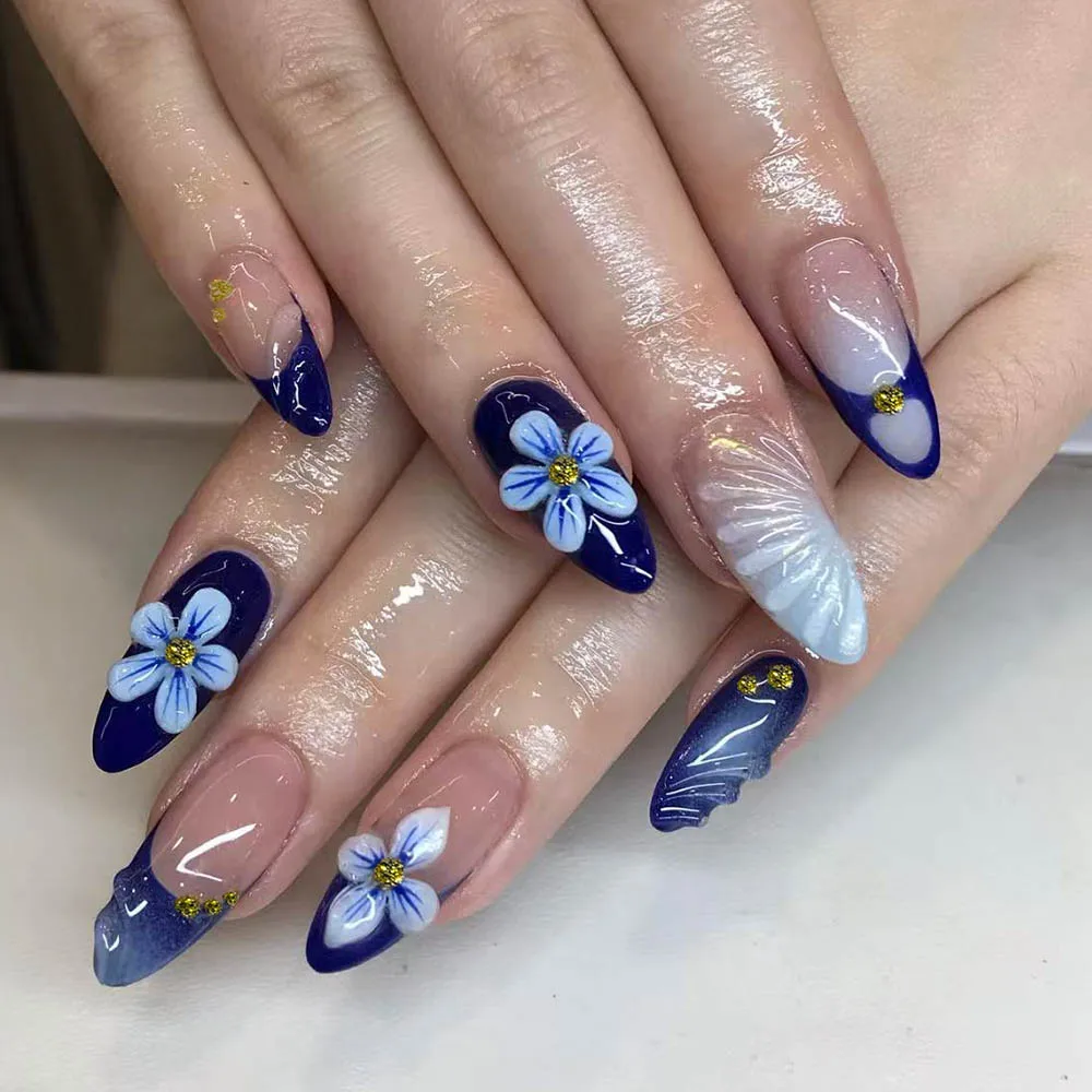 Élevez votre style avec, 24 pièces de longs ongles 3d en amande, fabrique des ongles en fleurs avec un design scintillant, pointe française, presse sur les amandes