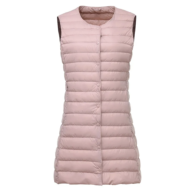 0-10℃ Ultralight Portable Puffer Vest Autumn Winter Women Long Collarless Duck Down Waistcoat Sleeveless Button Feather Lining