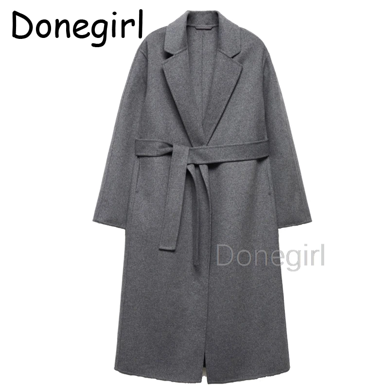 Winter Wool Coat Female Mid-Length Coat Black Wool Coat Woman Autumn New Casual Fashion Grey Beige Lace-Up Handmade Coat