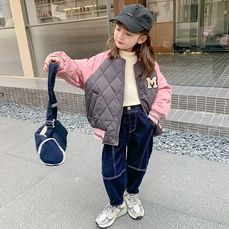 Girls\' Baseball Jacket Spring Autumn 2023 New Bomber Suit Children\'s Clothes Thickened Cotton Korean Contrast Color Casual Coat